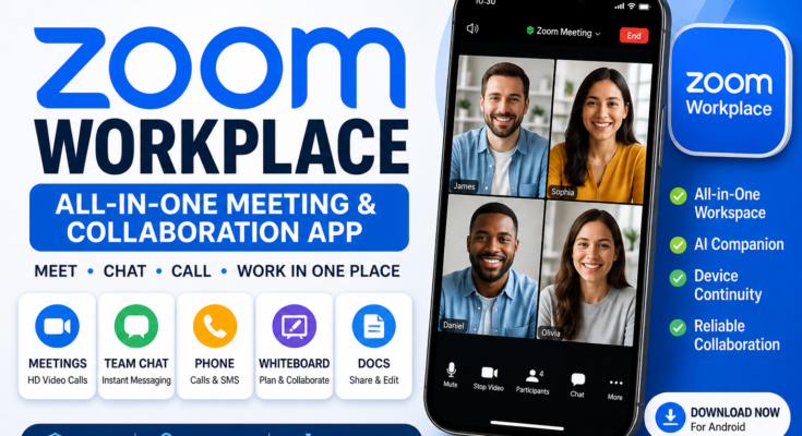 Zoom Workplace app interface showing video meeting, chat, and collaboration tools in one platform