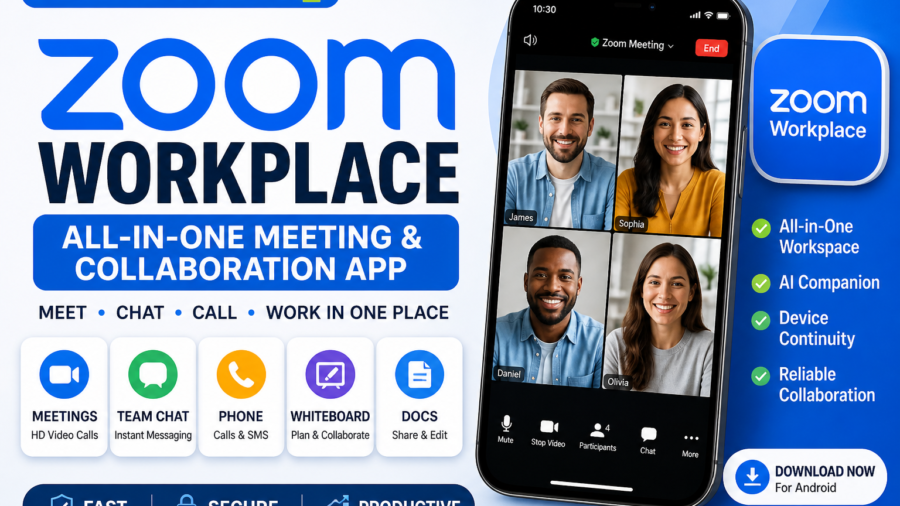 Zoom Workplace app interface showing video meeting, chat, and collaboration tools in one platform