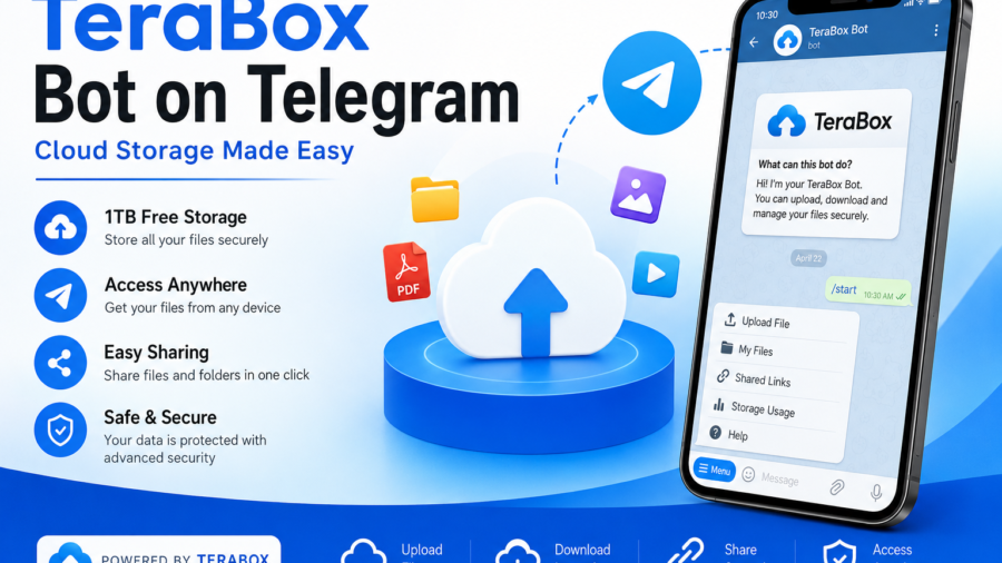 TeraBox Bot on Telegram cloud storage promotional banner with smartphone mockup and secure file sharing illustration.