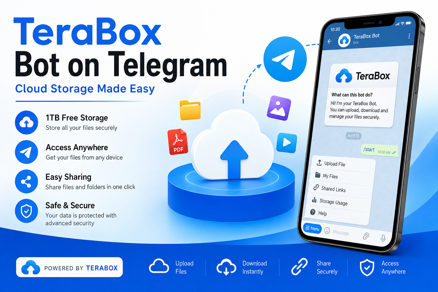 TeraBox Bot on Telegram cloud storage promotional banner with smartphone mockup and secure file sharing illustration.